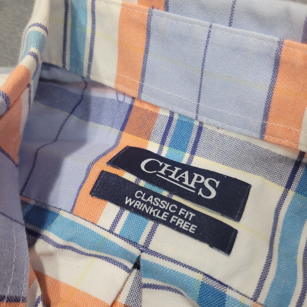 Chaps Button Down Shirt Mens 16.5 32/33 Blue Orange Plaid Classic Wrinkle Free - Picture 4 of 8